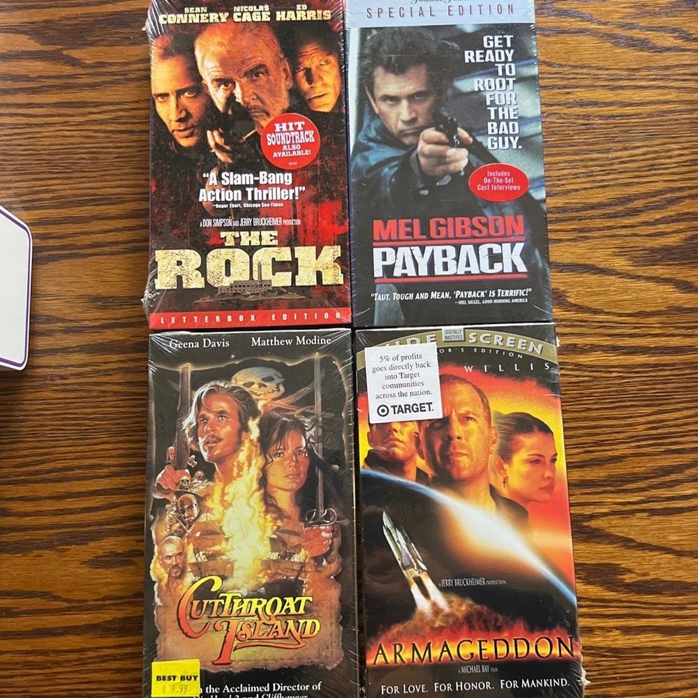4 NEW Factory Sealed VHS ~ Armageddon, Cut Throat Island, Payback, The Rock